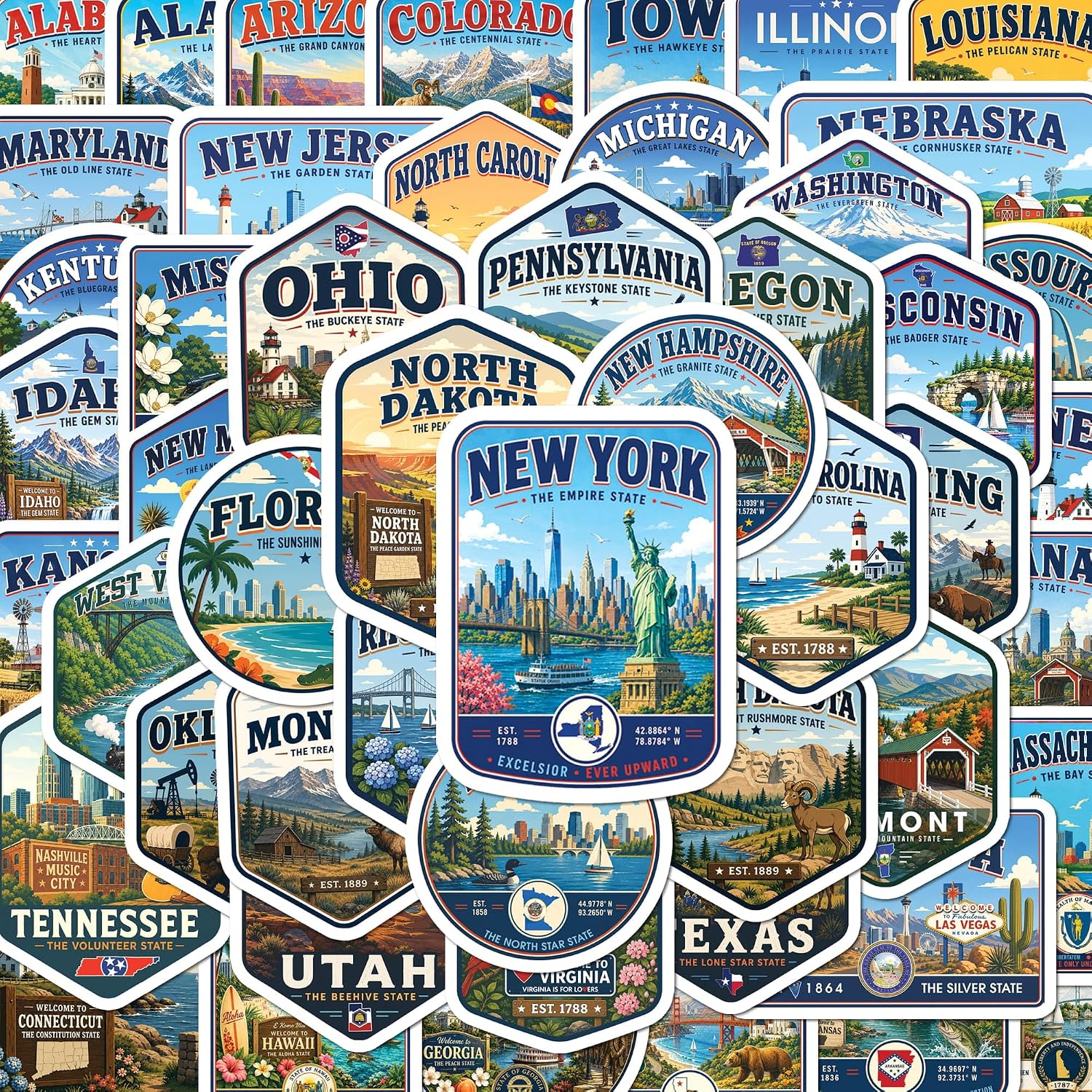 BEATRI USA State Sticker Nature Travel United States Waterproof Vinyl Decor | Non-Repeating Decals (50Pcs) High-Definition Print for Laptop, Luggage, Water Bottle, Journaling & Travel Gear
