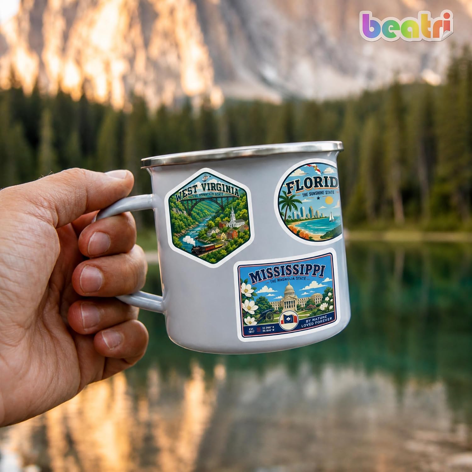 BEATRI USA State Sticker Nature Travel United States Waterproof Vinyl Decor | Non-Repeating Decals (50Pcs) High-Definition Print for Laptop, Luggage, Water Bottle, Journaling & Travel Gear