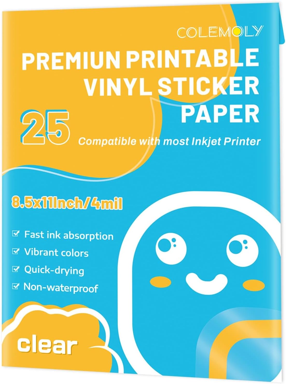 Colemoly Clear Printable Vinyl Sticker Paper for Inkjet Printer, 25 Sheets | Non-Waterproof, for Laser Printers, Compatible with Cricut, Tear Resistant Vivid Color Decals, Easy to Cut Labels, for DIY