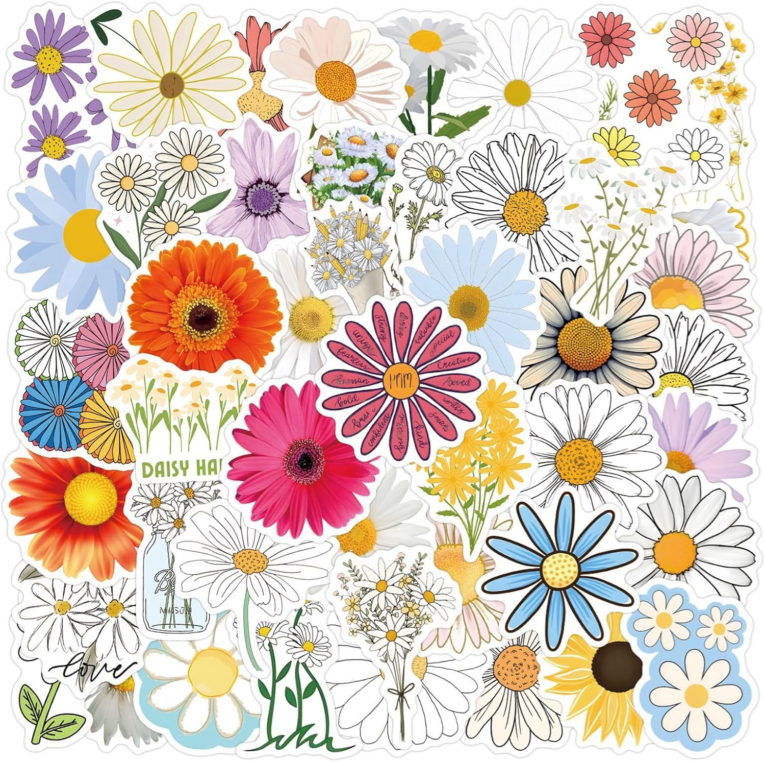 Cute Daisy Stickers 55PCS Beautiful Plants Waterproof Flower Stickers for Water Bottles Laptop Luggage Journaling, Party Rewards Waterproof Vinyl Decals for Kids Teens Adults (Colourful)
