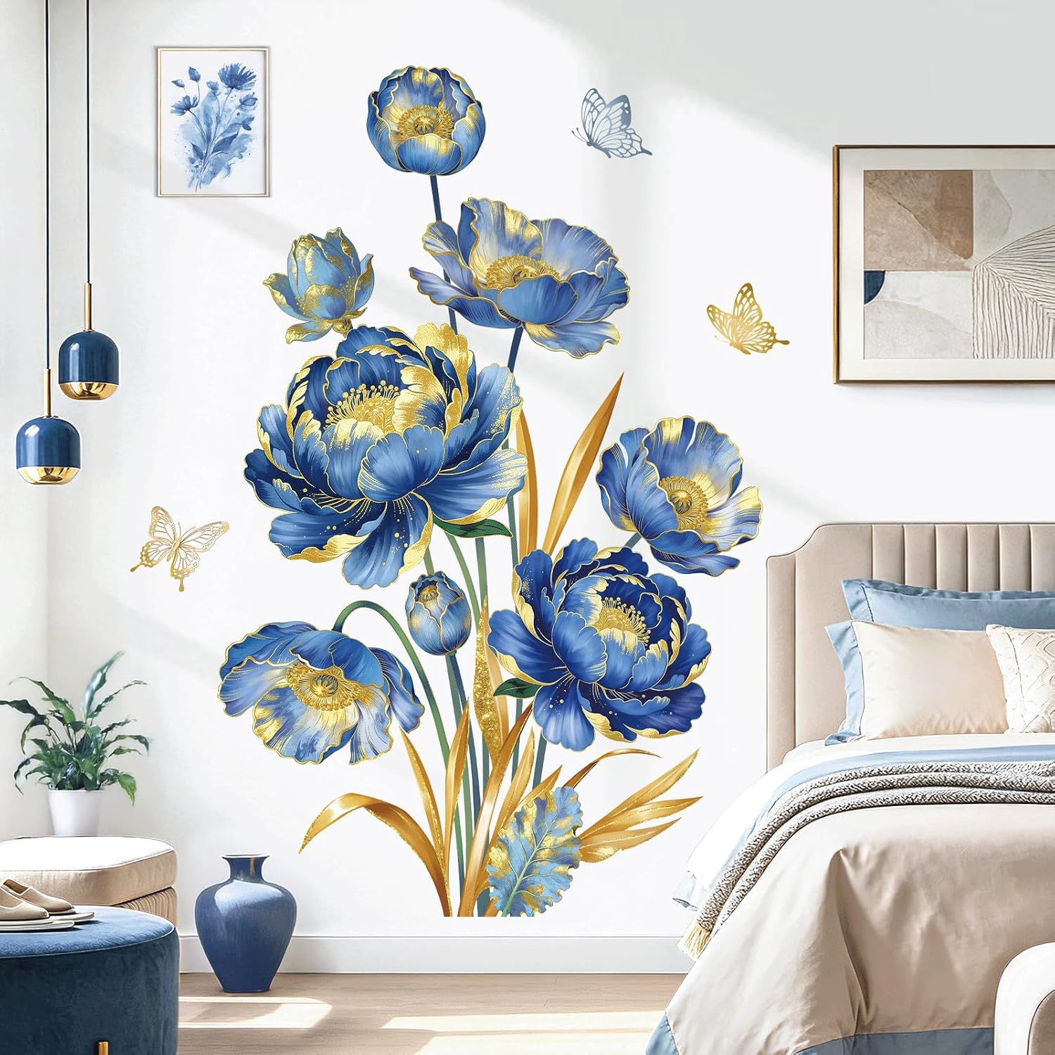 Peelora Large Blue Gold Flower Wall Stickers Floral Butterfly Gold Leaves Plants Wall Decals Living Room Bedroom Tv Background Self-Adhesive Home Decor Stickers