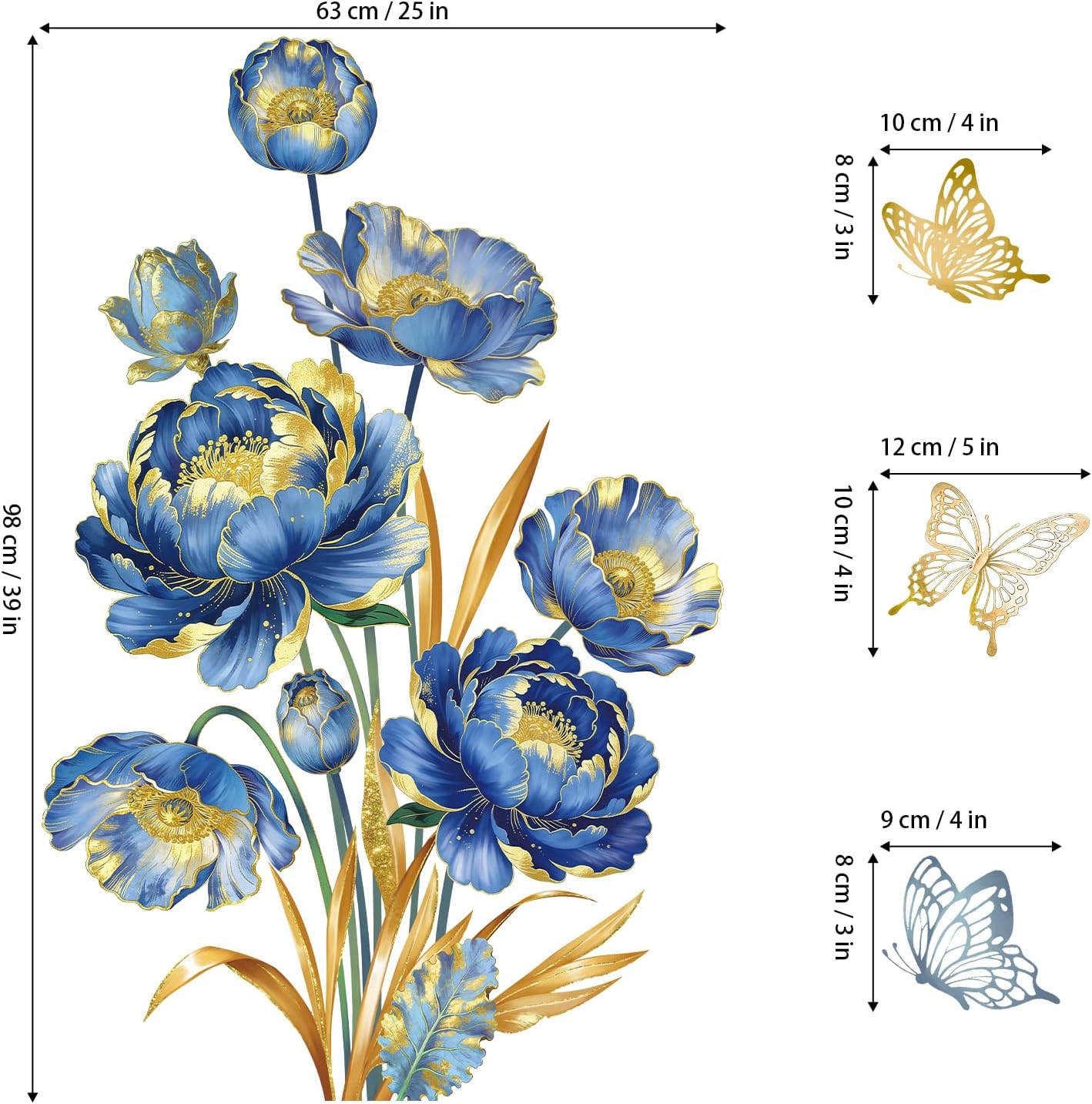 Peelora Large Blue Gold Flower Wall Stickers Floral Butterfly Gold Leaves Plants Wall Decals Living Room Bedroom Tv Background Self-Adhesive Home Decor Stickers