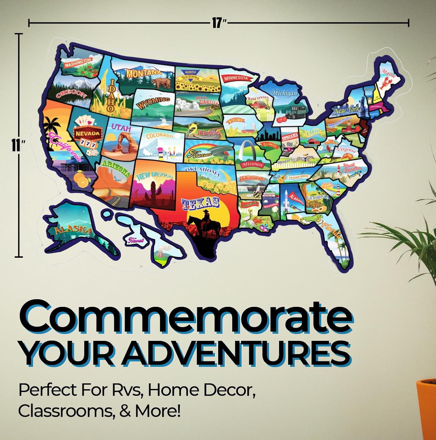 RV State Sticker Travel Map – 17 x 11 inch Large USA Decal with 50 Waterproof USA Stickers – Non-Fade Door, Window, Wall RV Decals – Fun Visited Map for Camper, Motorhome, Trailer (Vivid)