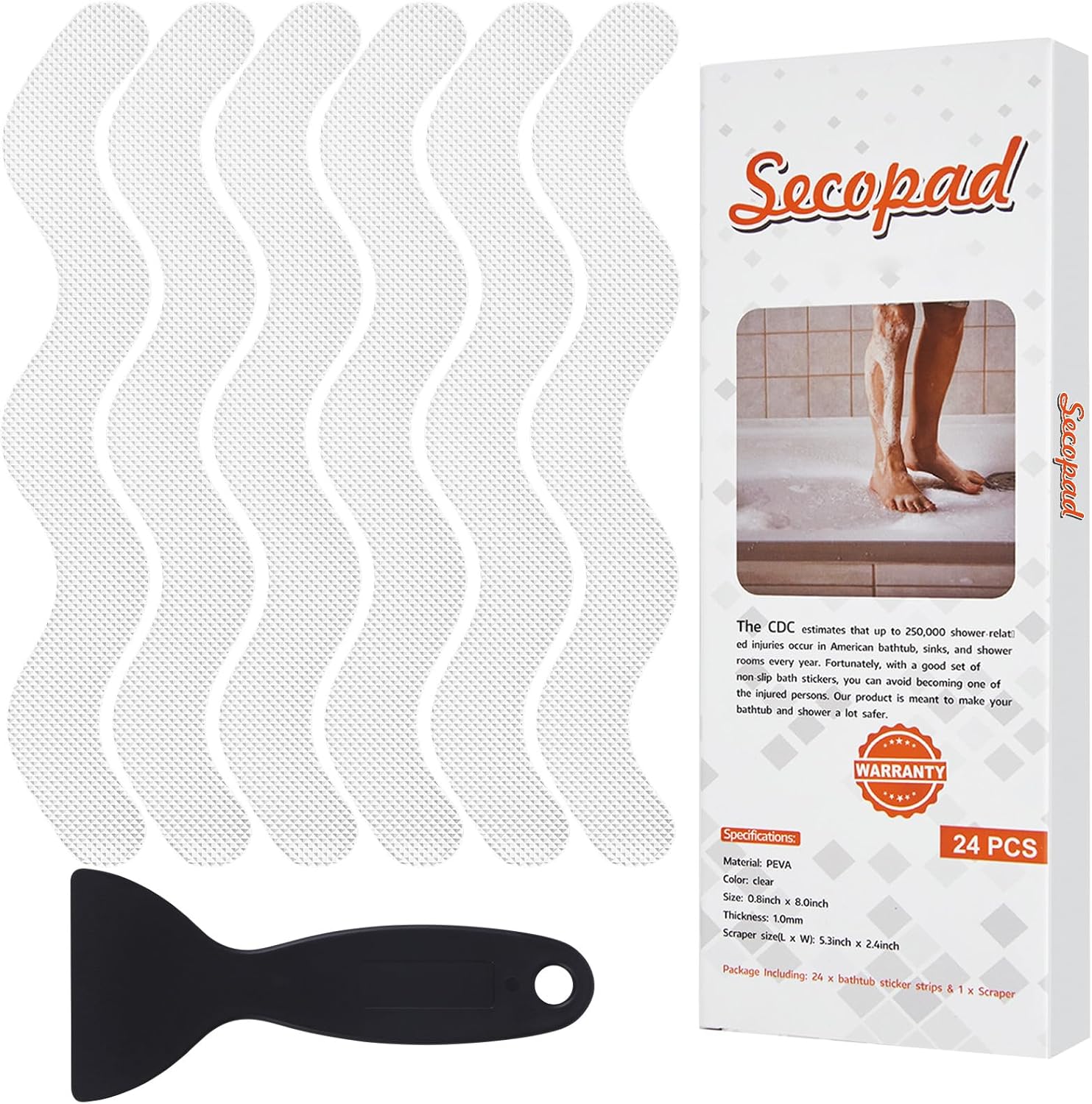 Secopad 24PCS Anti-Slip Shower Stickers with Scraper, 0.8″*8″, Clear | Patented, Non Slip, Easy to Use and Clean,Strong Adhesive & No Residue, For Bath Tub, Shower Floor, Stairs, Safe PEVA Decals