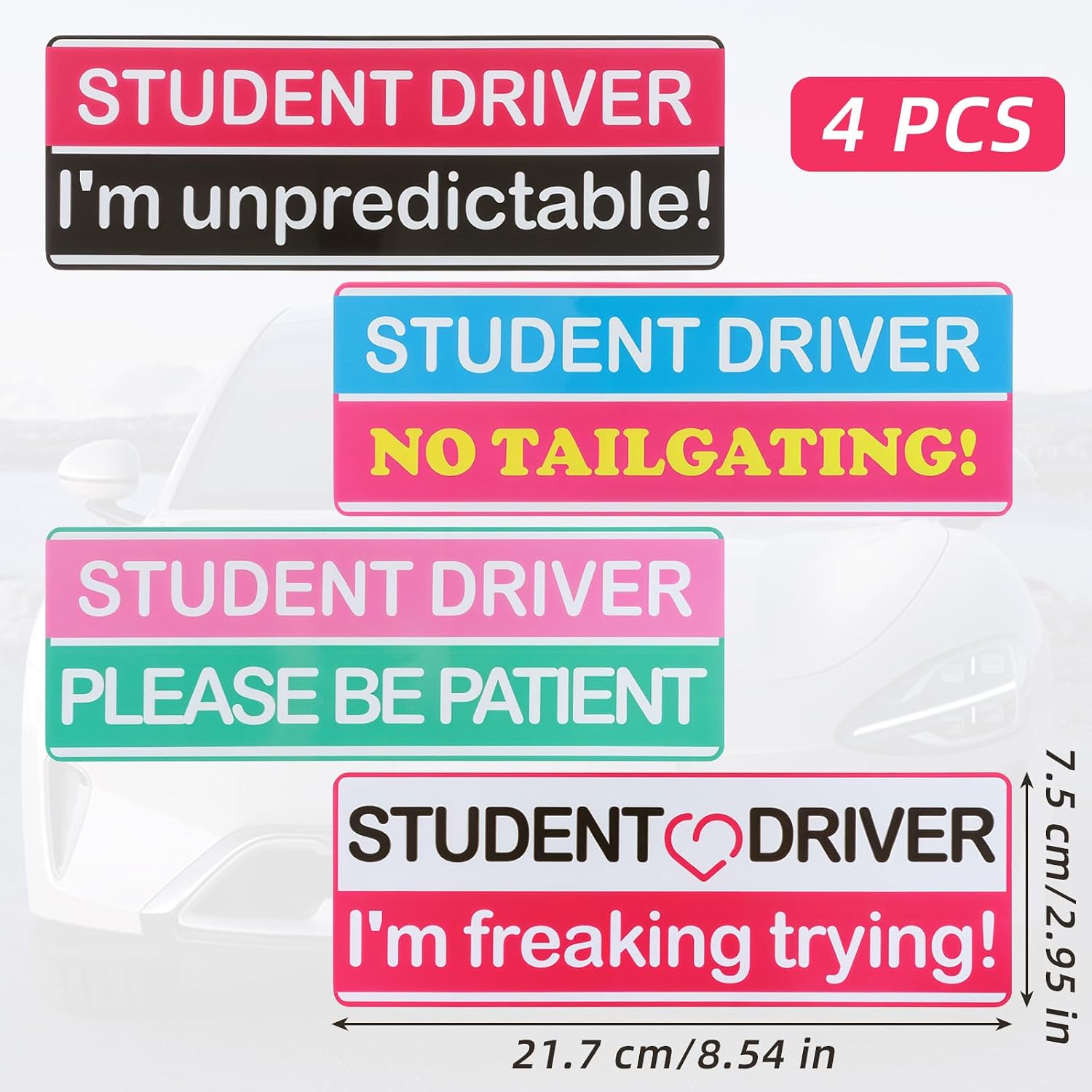 Student Driver Sticker for Car, 4PCS New Driver Funny Car Decals Non-Magnetic Removable Vinyl Student Stickers “I’m Unpredictable,No Tailgating,Please Be Patient,I’m Freaking Trying”