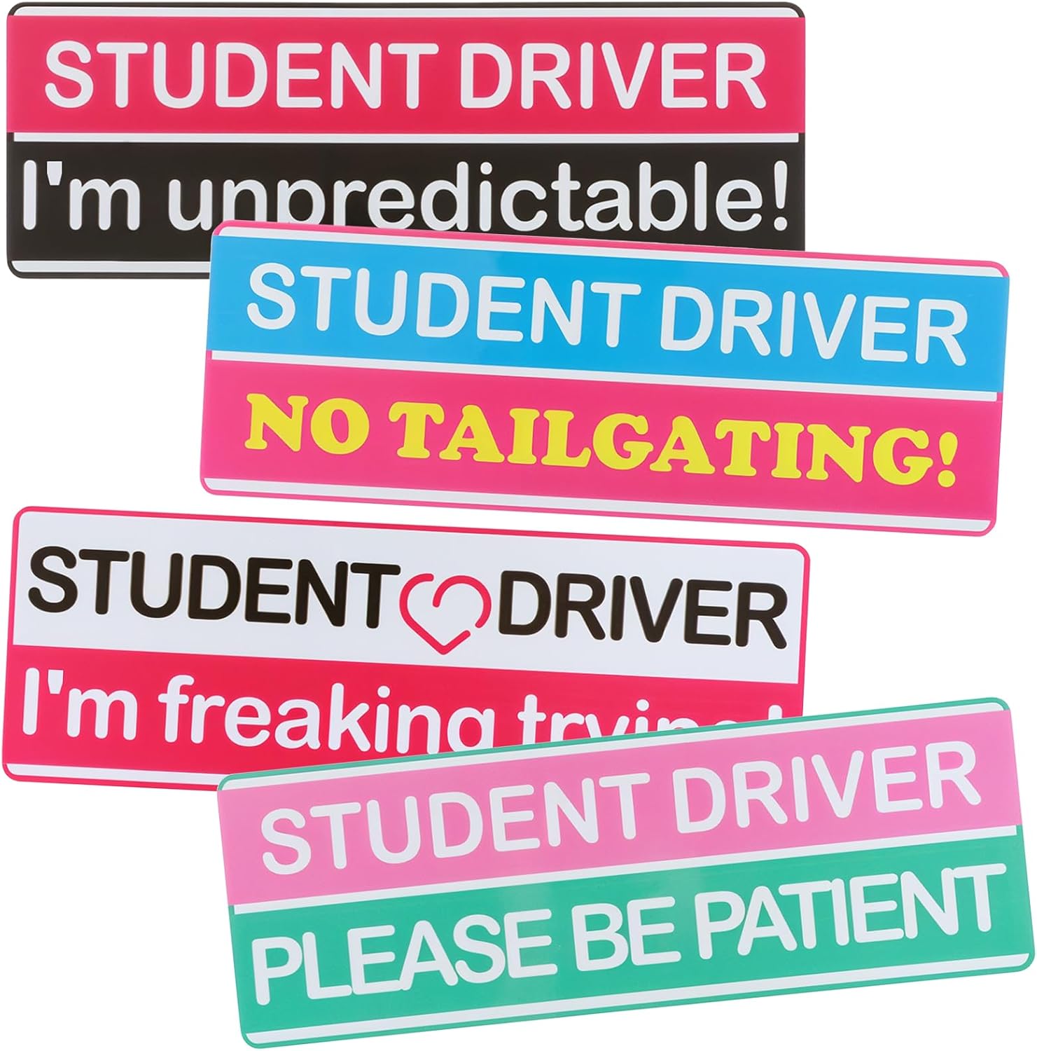 Student Driver Sticker for Car, 4PCS New Driver Funny Car Decals Non-Magnetic Removable Vinyl Student Stickers “I’m Unpredictable,No Tailgating,Please Be Patient,I’m Freaking Trying”