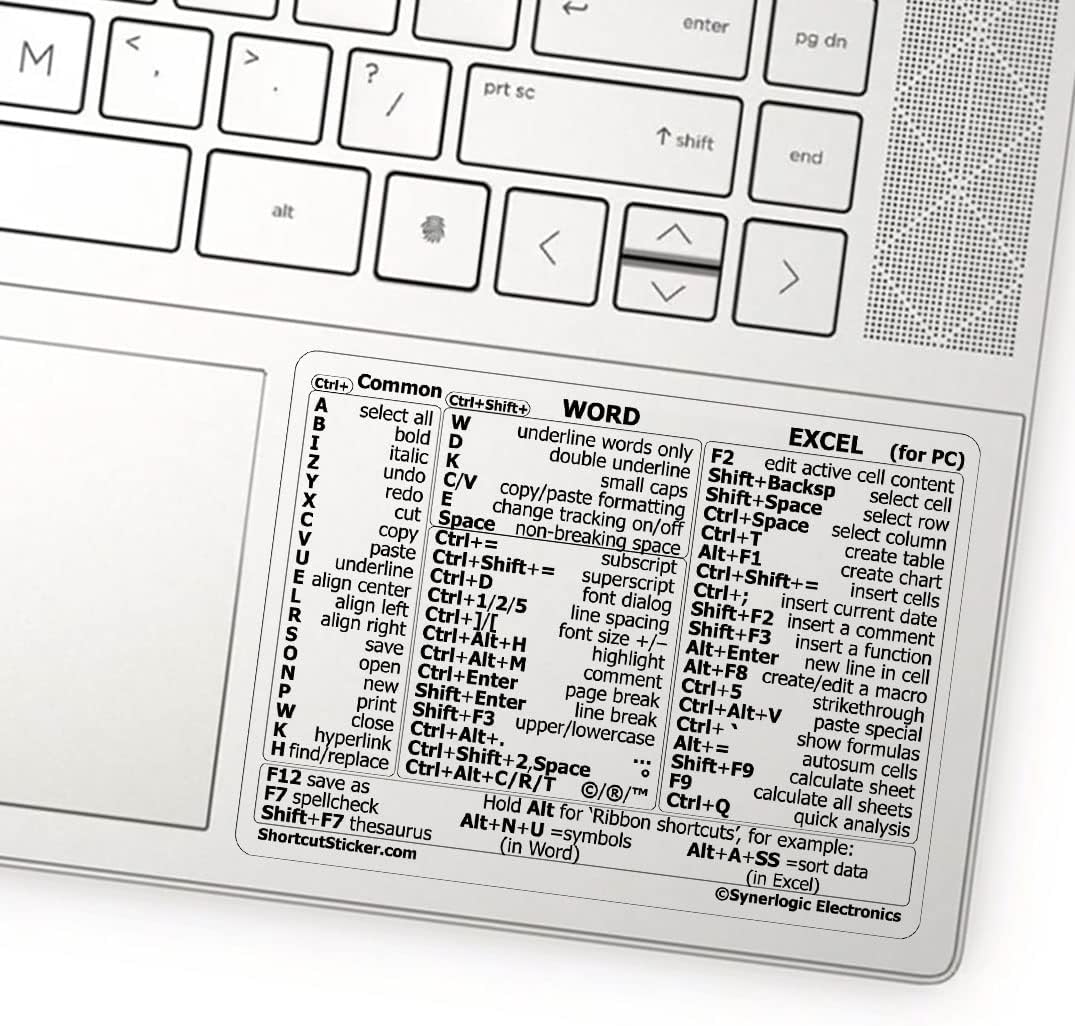 Synerlogic Word\/Excel Windows Shortcut Sticker | Reference Guide Keyboard Shortcuts | Work from Home Essentials | Excel Shortcuts Cheat Sheet Laminated Vinyl (Clear\/Small)