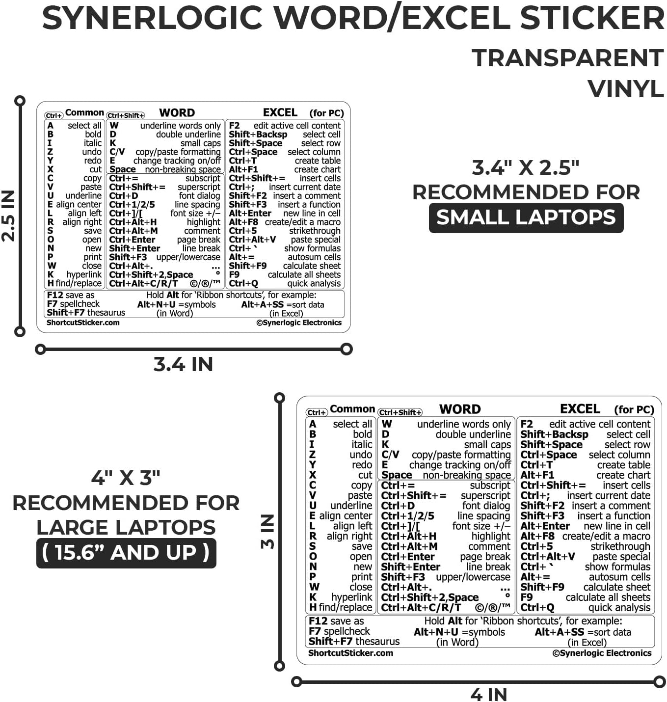 Synerlogic Word\/Excel Windows Shortcut Sticker | Reference Guide Keyboard Shortcuts | Work from Home Essentials | Excel Shortcuts Cheat Sheet Laminated Vinyl (Clear\/Small)