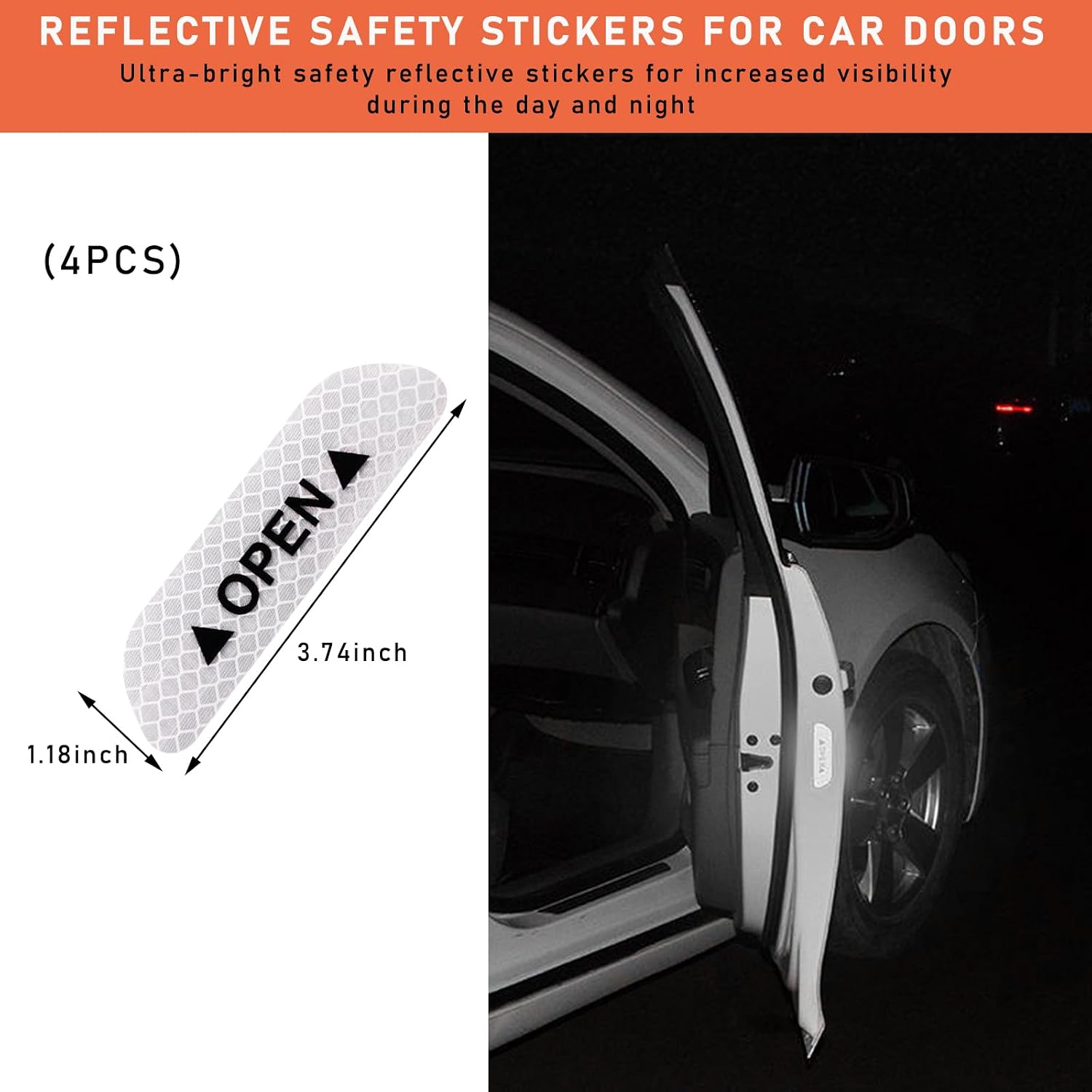 Ziciner 4 Pcs Car Door Open Reflective Stickers, Night Visibility Safety Warning Auto Anti-Collision Protective Strip, Universal Vehicle Decorative Decals Accessories for Most Cars (Silver)